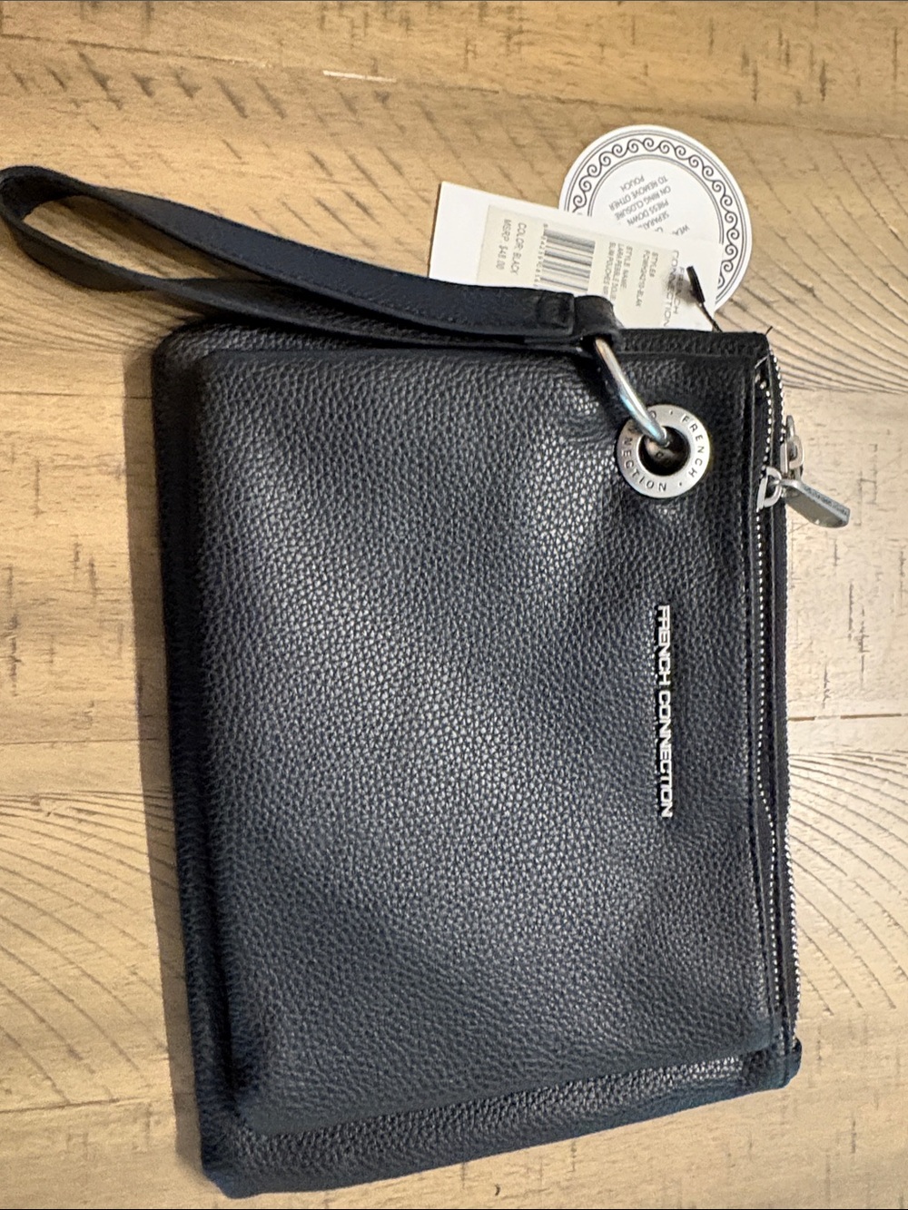 French Connection Black Pebbled Leather Wristlet Pouch 769